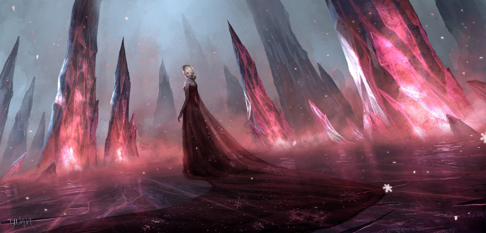 Dark HD PC desktop wallpaper of Elsa (Frozen) in a movie-style scene, standing amid towering crimson-tinged ice spires with a flowing gown and faint drifting snow.