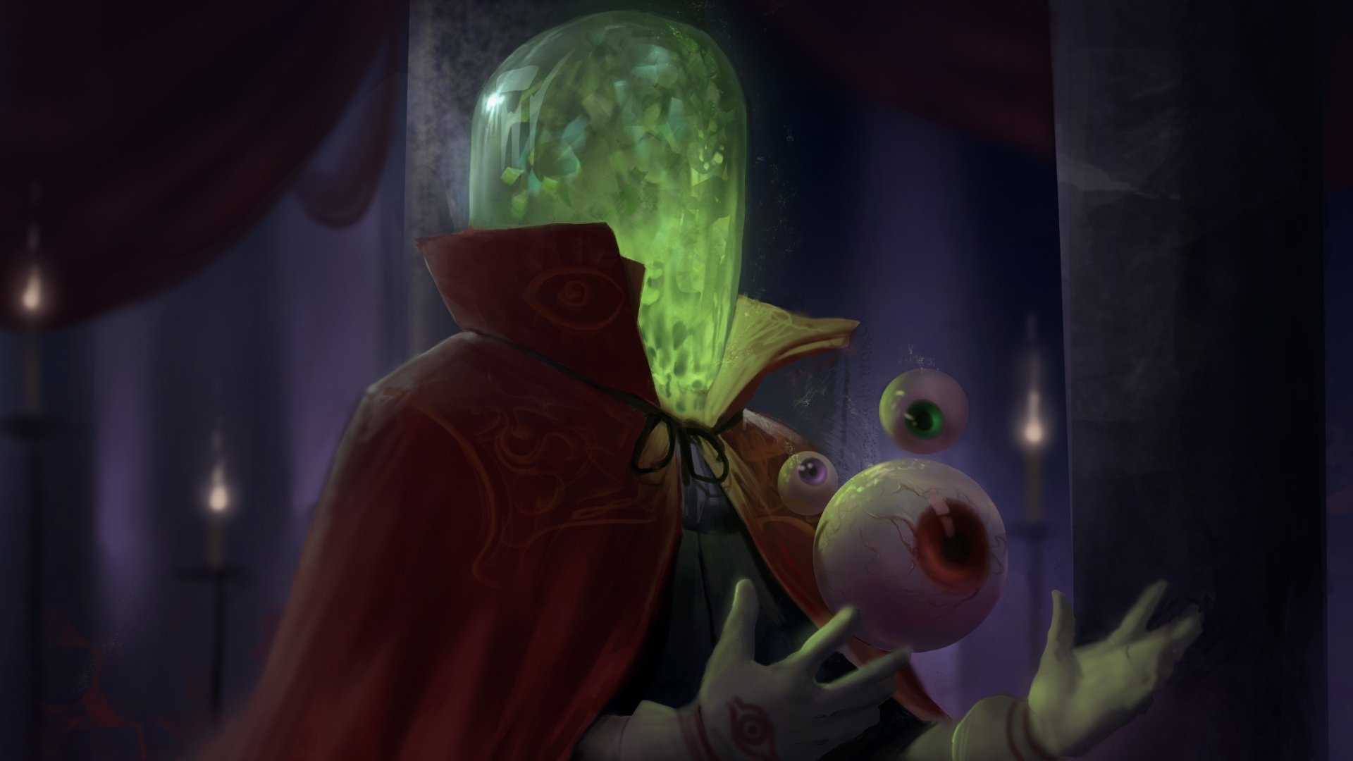 Dark fantasy HD PC desktop wallpaper featuring a mysterious figure with a translucent green head holding two floating eyeballs in a dimly lit, eerie setting.