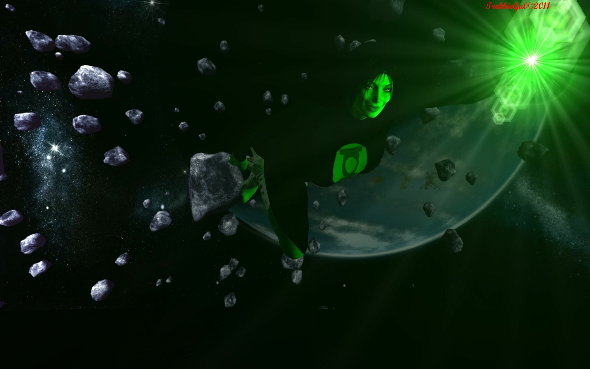 4K Ultra HD comic-style Green Lantern PC desktop wallpaper showcasing the hero amid floating asteroids in deep space with a bright green energy glow.