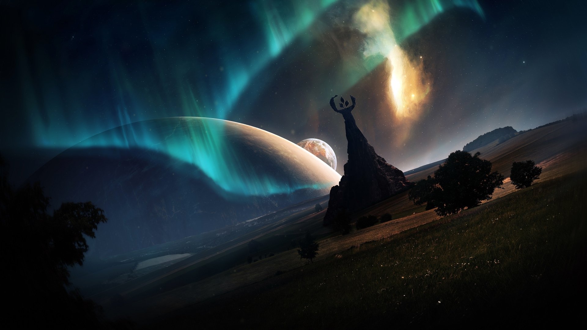 An artistic landscape featuring a vibrant aurora borealis against a night sky, with distant planets and a silhouette of a rocky outcrop, designed as an HD desktop wallpaper.