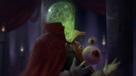 Dark fantasy HD PC desktop wallpaper featuring a mysterious figure with a translucent green head holding two floating eyeballs in a dimly lit, eerie setting.