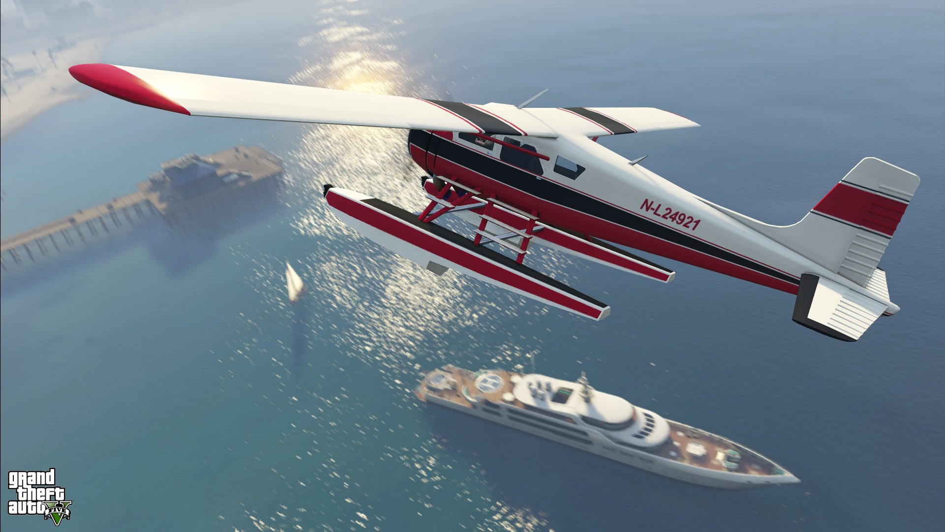 A vibrant HD wallpaper showcasing a seaplane flying above a luxurious yacht, set in the expansive world of Grand Theft Auto V, capturing the thrill of the game.