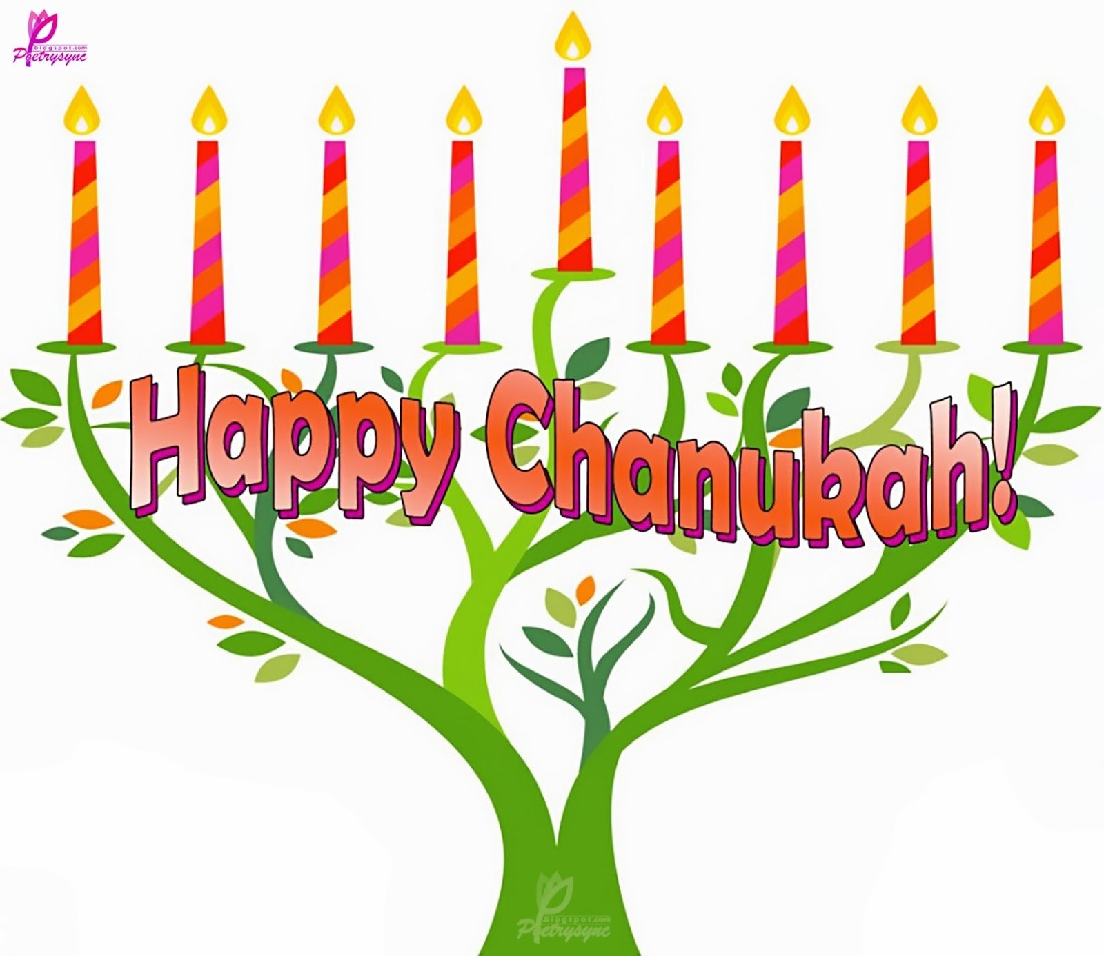HD PC desktop wallpaper featuring a vibrant Hanukkah menorah with nine lit candles and the festive message Happy Chanukah! in bold, colorful text.