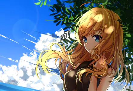 HD desktop wallpaper featuring Serena from Pokémon X and Y. The image showcases her long blonde hair, blue eyes, and a gentle smile, set against a backdrop of a vibrant sky with clouds and water.
