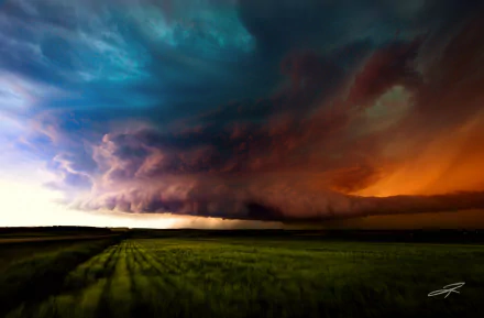 A dramatic storm clouds over a vibrant field, showcasing shades of blue, orange, and dark gray, encapsulating the raw beauty of nature's tempestuous scenery.