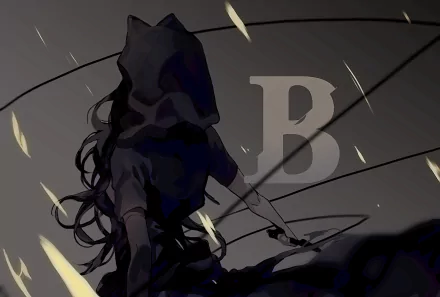 A dramatic HD wallpaper featuring Blake Belladonna from the anime RWBY, showcasing her silhouette against a dark backdrop with striking elements of motion and mystery.