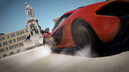 A dynamic HD wallpaper featuring a vibrant red car from Forza Horizon 2, speeding past a historic statue, capturing the thrill of high-speed racing.