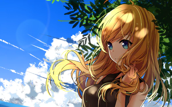 HD desktop wallpaper featuring Serena from Pokémon X and Y. The image showcases her long blonde hair, blue eyes, and a gentle smile, set against a backdrop of a vibrant sky with clouds and water.