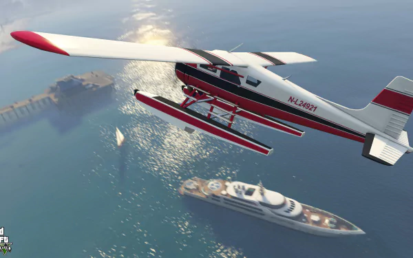 A vibrant HD wallpaper showcasing a seaplane flying above a luxurious yacht, set in the expansive world of Grand Theft Auto V, capturing the thrill of the game.