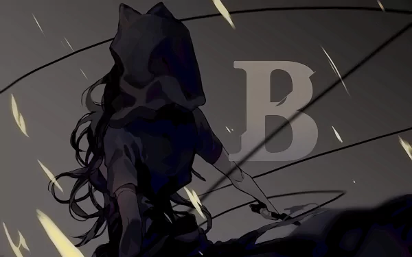 A dramatic HD wallpaper featuring Blake Belladonna from the anime RWBY, showcasing her silhouette against a dark backdrop with striking elements of motion and mystery.