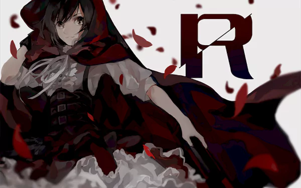 A striking HD desktop wallpaper featuring Ruby Rose from RWBY, showcasing her in a dramatic pose surrounded by flowing petals and a bold R graphic. A captivating anime design.