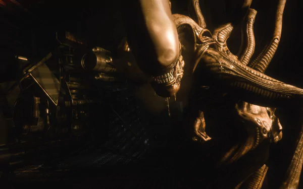 HD PC desktop wallpaper featuring a dark, detailed scene from the video game Alien: Isolation, showcasing the iconic alien creature in a tense atmosphere.