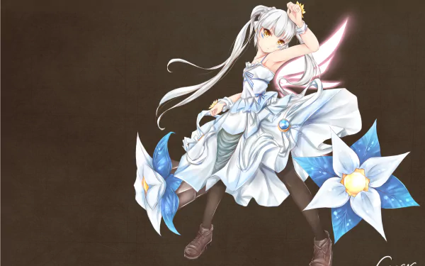 A character from the video game Elsword, dressed in a flowing white gown adorned with blue flowers, strikes a dynamic pose against a dark background in this HD desktop wallpaper.