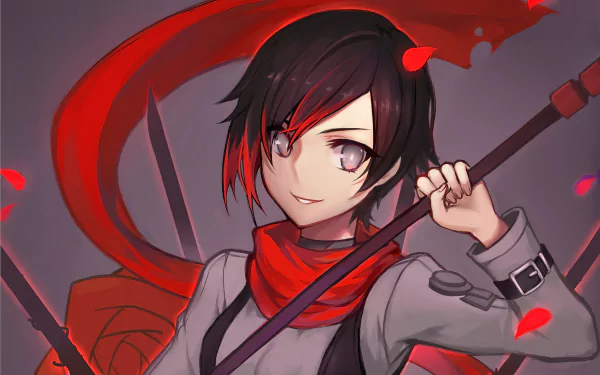 Anime-style HD PC wallpaper featuring Ruby Rose from RWBY in her Slayer outfit, holding her weapon with a confident expression against a red and gray backdrop.