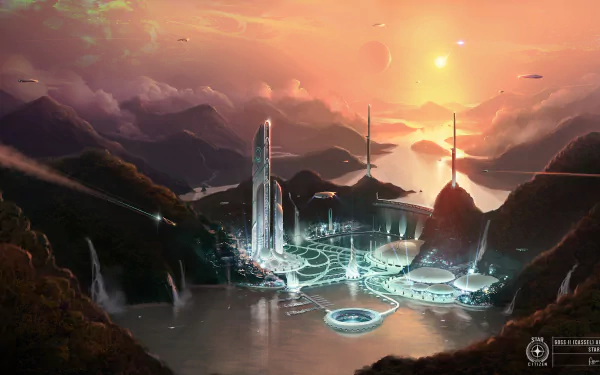 A stunning 4K Ultra HD wallpaper from the video game Star Citizen, showcasing a futuristic landscape with a vibrant sunset, towering structures, and a serene waterway surrounded by mountains.
