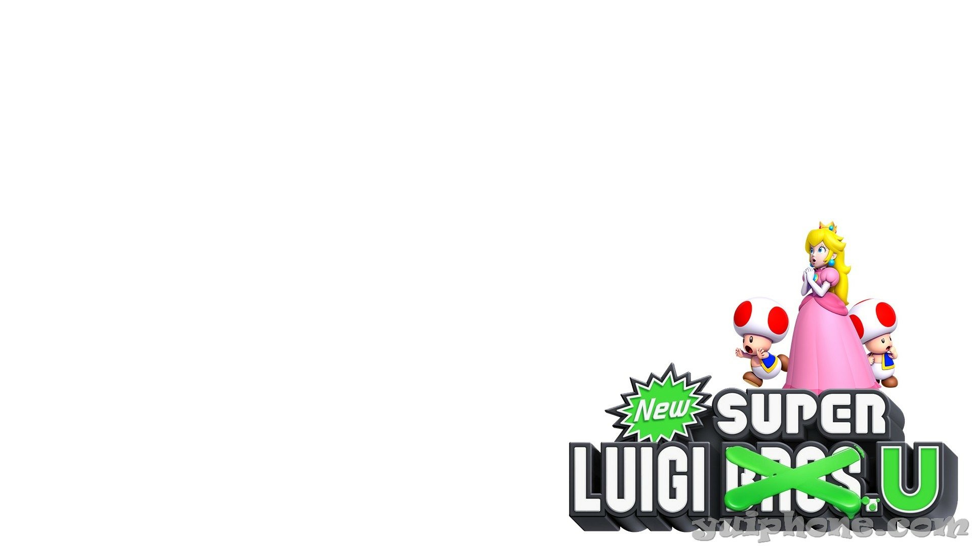 HD desktop wallpaper of New Super Luigi U featuring Princess Peach, Toad characters, and game logo on a white background.