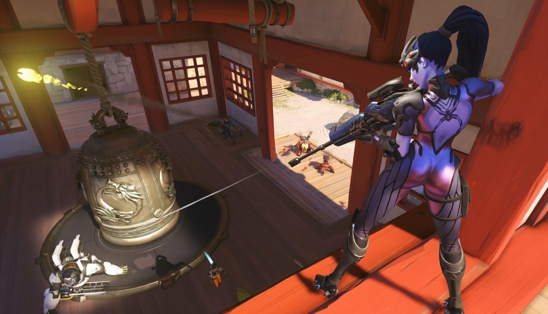 HD Overwatch PC wallpaper featuring Widowmaker aiming her sniper rifle inside a temple with Winston and other characters visible below, set in a dynamic video game scene.