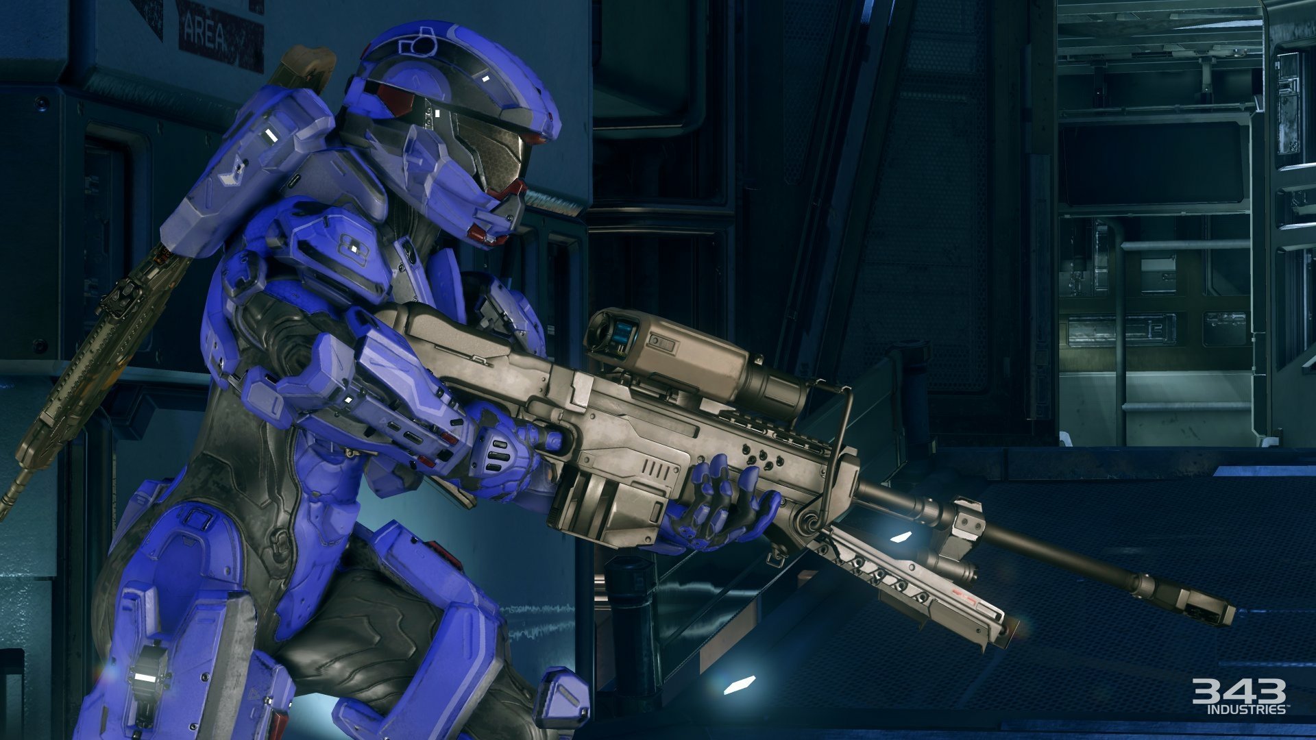 HD desktop wallpaper and background featuring a blue-armored character from Halo 5: Guardians, holding a futuristic weapon in a dark, high-tech environment.