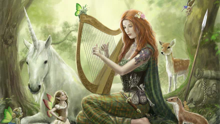 HD fantasy desktop wallpaper depicting a serene woman with red hair playing a harp, surrounded by a unicorn, deer, a fairy, and woodland animals in a lush forest.