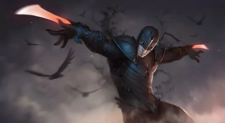 A fantasy warrior clad in dark armor wields dual blades amidst a swirling backdrop of shadows and flying crows, showcasing a dynamic and striking 4K Ultra HD design for desktop wallpaper.