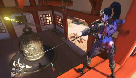 HD Overwatch PC wallpaper featuring Widowmaker aiming her sniper rifle inside a temple with Winston and other characters visible below, set in a dynamic video game scene.