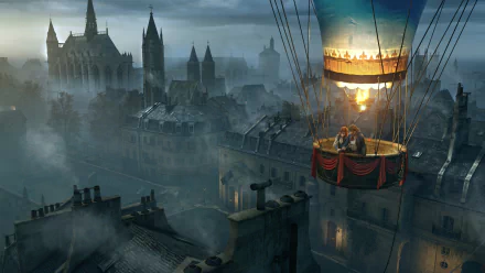 A stunning HD wallpaper from Assassin's Creed: Unity featuring Élise de la Serre and Arno Dorian in a hot air balloon, overlooking a misty Parisian skyline.