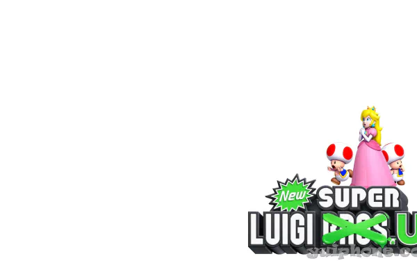 HD desktop wallpaper of New Super Luigi U featuring Princess Peach, Toad characters, and game logo on a white background.