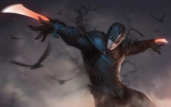 A fantasy warrior clad in dark armor wields dual blades amidst a swirling backdrop of shadows and flying crows, showcasing a dynamic and striking 4K Ultra HD design for desktop wallpaper.