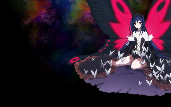 Kuroyukihime from Accel World sits gracefully, surrounded by butterflies, set against a vibrant, colorful background. This HD wallpaper captures the essence of the anime beautifully.