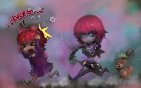 A vibrant HD desktop wallpaper featuring Orianna and Annie from League of Legends, alongside Tibbers, set against a colorful, abstract background with gears.