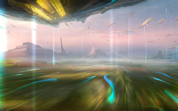HD PC desktop wallpaper featuring a futuristic landscape from the video game StarCraft II: Legacy of the Void, showcasing sci-fi elements and vibrant colors.