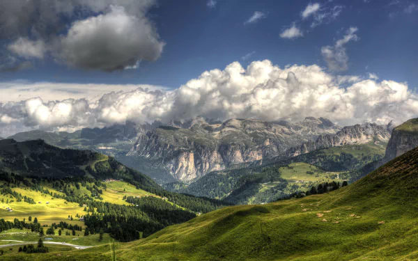 HD wallpaper featuring the lush hills and dense forests of the Italian Alps under a cloudy sky.