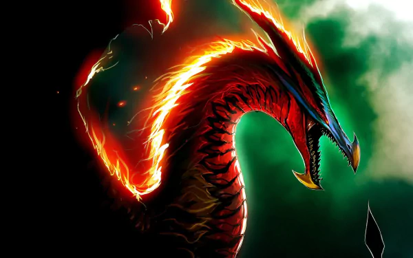 A vibrant HD fantasy wallpaper featuring a fierce red dragon, surrounded by flames and moody green clouds, creating a dramatic and captivating scene.