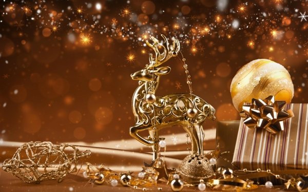 Vacances Noël Reindeer Gold Christmas Ornaments Cadeau Bokeh Fond d'écran HD | Image