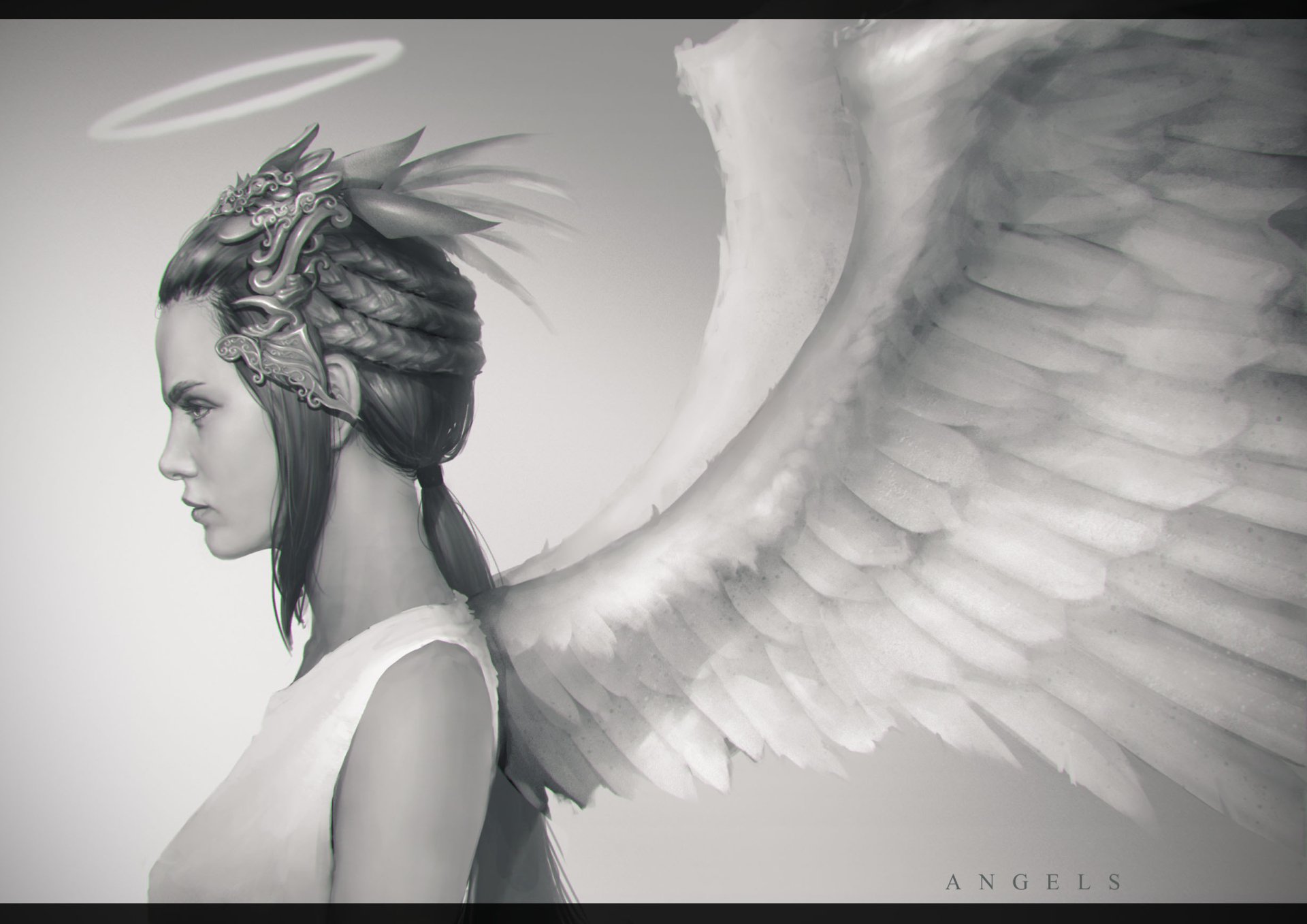 HD fantasy PC desktop wallpaper featuring a serene angel with detailed wings and an ornate headpiece in monochrome tones.