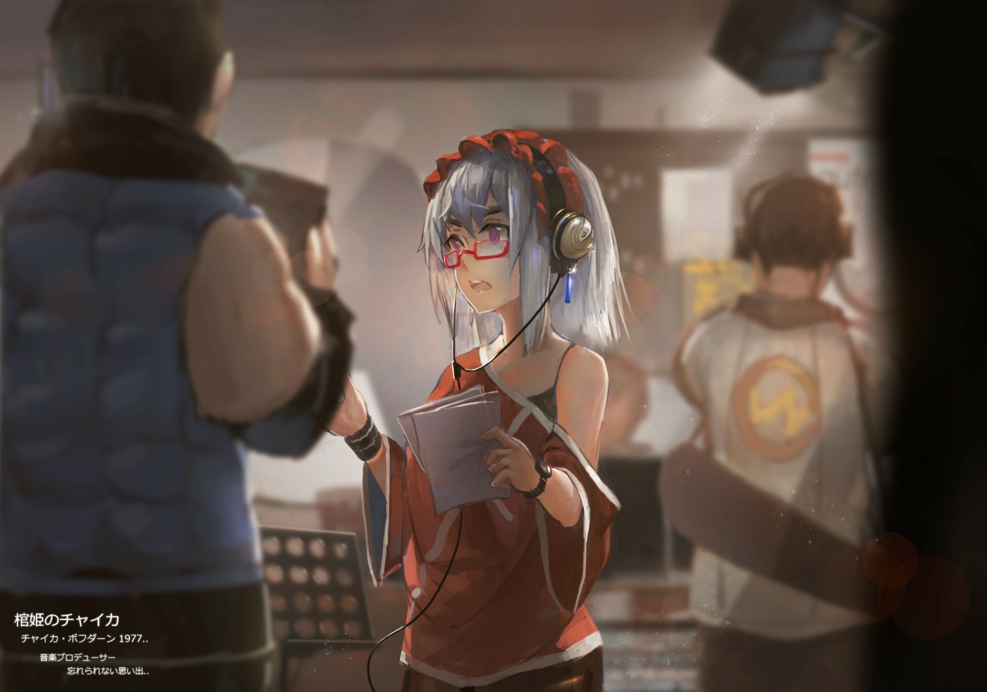 Anime HD desktop wallpaper featuring Chaika from Hitsugi no Chaika wearing glasses and headphones, immersed in reading amidst a blurred crowd background.
