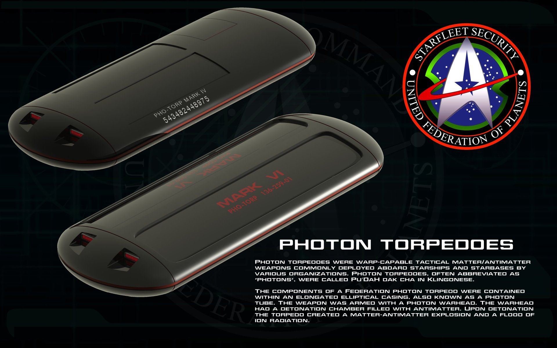 Sci-Fi Star Trek 4K Ultra HD PC desktop wallpaper showing two Photon Torpedoes, a Starfleet Security/United Federation emblem, and labeled technical text.