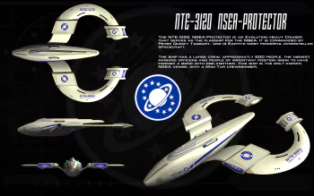 Galaxy Quest movie 4K Ultra HD PC desktop wallpaper showing the NTE‑3201 User‑Protector starship in multiple views, schematics and emblem on a dark background.