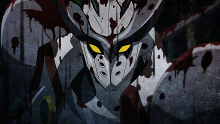 A striking HD wallpaper featuring Bulat from Akame ga Kill!, showcasing his armored visage with piercing yellow eyes, surrounded by an atmosphere of intensity and blood.