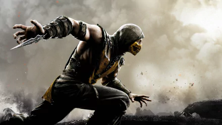 A dynamic HD wallpaper featuring Scorpion from Mortal Kombat, showcasing his signature hoodie, mask, and dagger, set against an intense, smoky background.