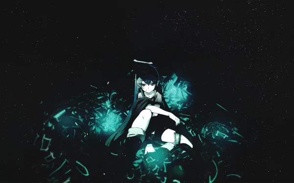 Esdeath from Akame Ga Kill! sits confidently amid a striking background of darkness and teal shards, creating a compelling HD desktop wallpaper for anime fans.