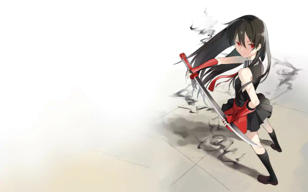 HD desktop wallpaper featuring Akame from Akame ga Kill! wielding a sword, with a dynamic pose against a light background, capturing her fierce character and anime artistry.