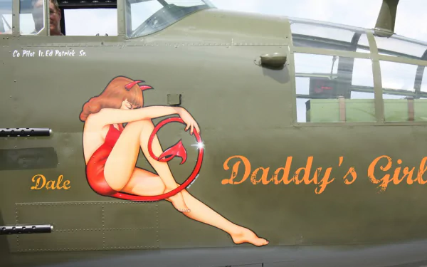 Military aircraft nose art on olive-drab fuselage: pin-up in a red swimsuit inside a red circle, captioned Daddy's Girl with Dale near the cockpit — HD PC desktop wallpaper background.
