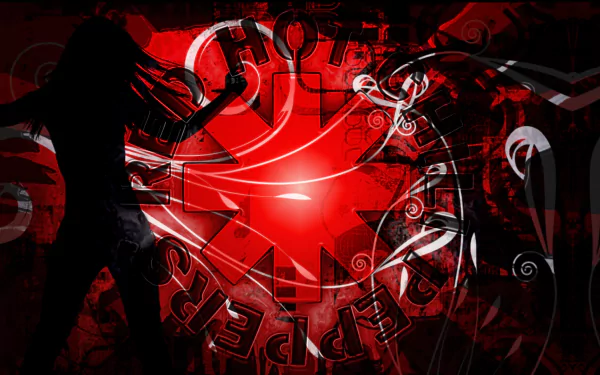 HD PC desktop wallpaper featuring a dynamic red and black design with musical elements and the Red Hot Chili Peppers logo.