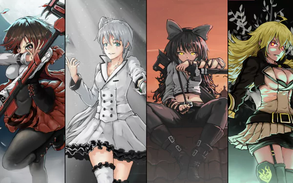 HD wallpaper featuring RWBY characters Blake Belladonna, Yang Xiao Long, Weiss Schnee, and Ruby Rose in their Hunter, SnowPea, Slayer, and Intruder outfits. Anime style artwork.
