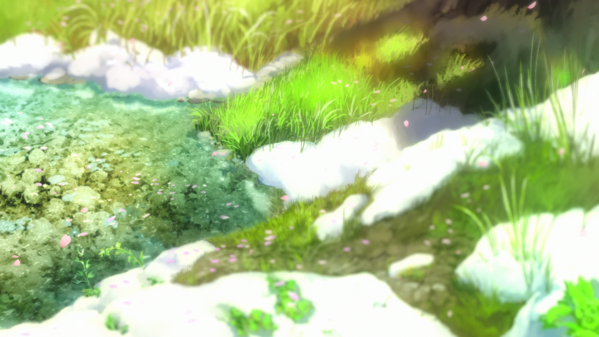 A serene anime-inspired nature scene featuring vibrant greenery, a clear stream, and soft sunlight, captured beautifully as an HD desktop wallpaper from Hyouka.