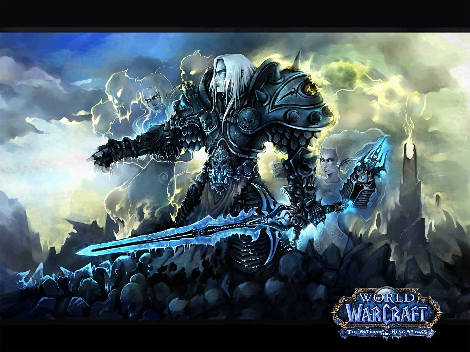 HD PC desktop wallpaper featuring the iconic Lich King from the video game World of Warcraft, set against a dark, ominous battlefield backdrop.