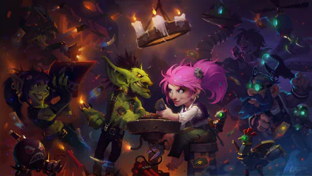 A vibrant 8K Ultra HD wallpaper featuring characters from Hearthstone: Heroes of Warcraft, showcasing a gnome and goblin engaged in a lively interaction amid a backdrop of whimsical designs.