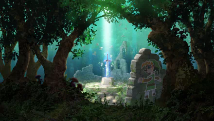 HD desktop wallpaper featuring a mystical scene from The Legend Of Zelda: A Link Between Worlds, with a magical sword in an ancient forest.