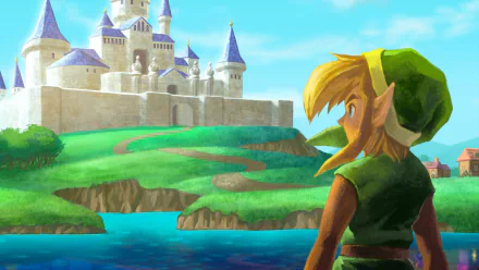 Link looks toward a castle in the distance in this HD desktop wallpaper from The Legend of Zelda: A Link Between Worlds.